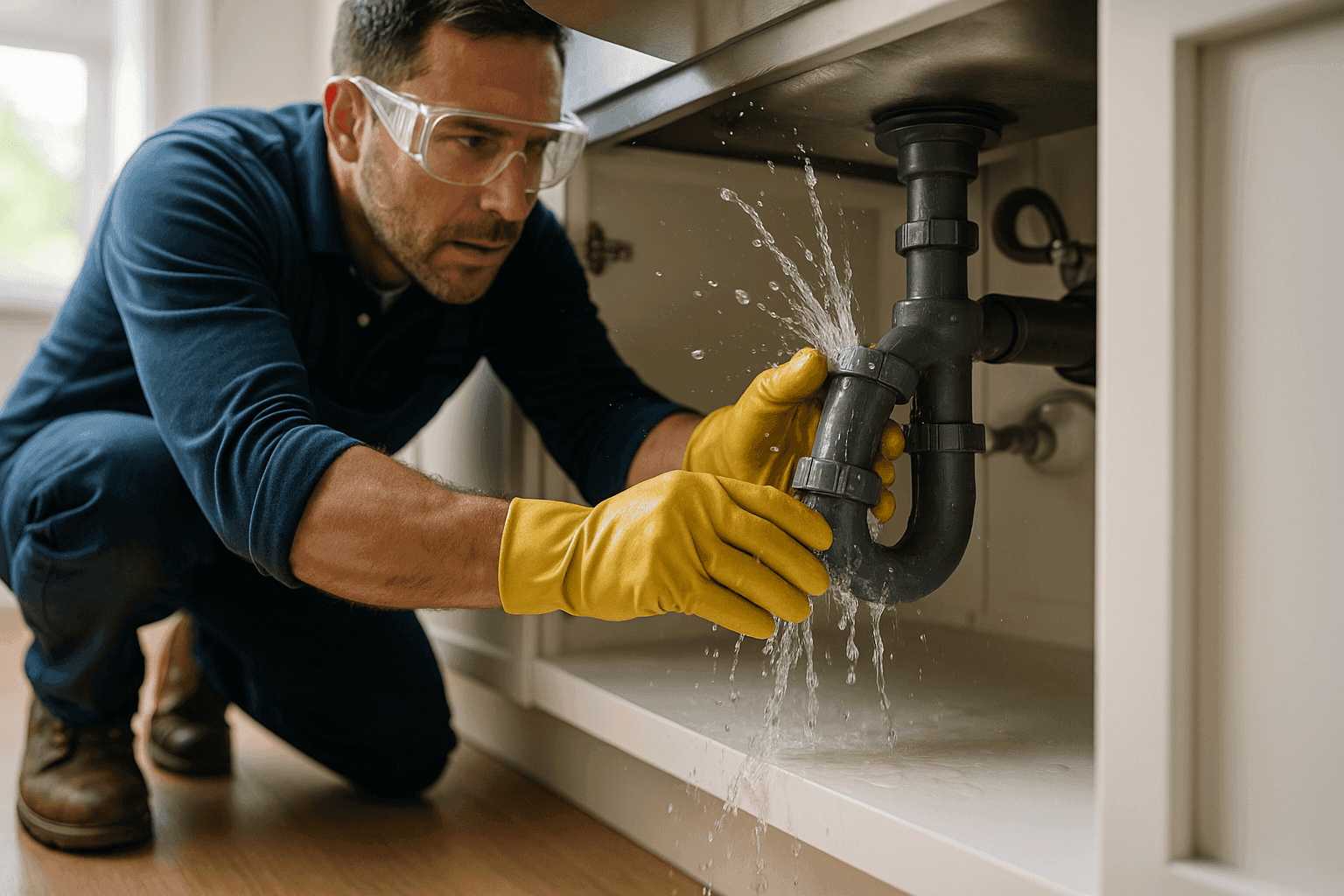 Technician fixing burst pipe under kitchen sink with water spraying